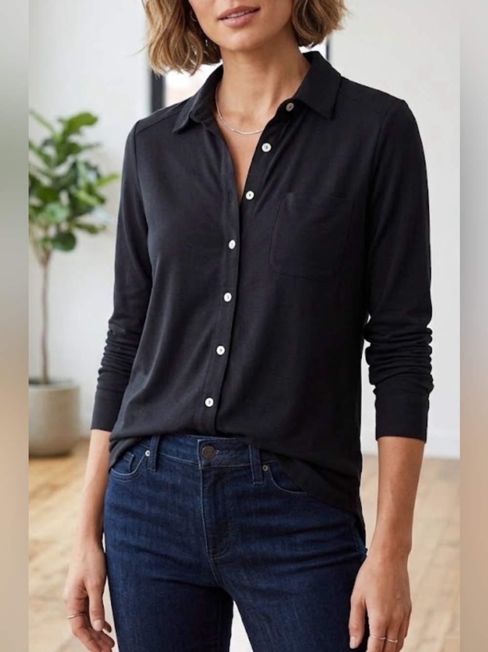 a new day Black Long-Sleeve Button-Down Shirt with Chest Pocket